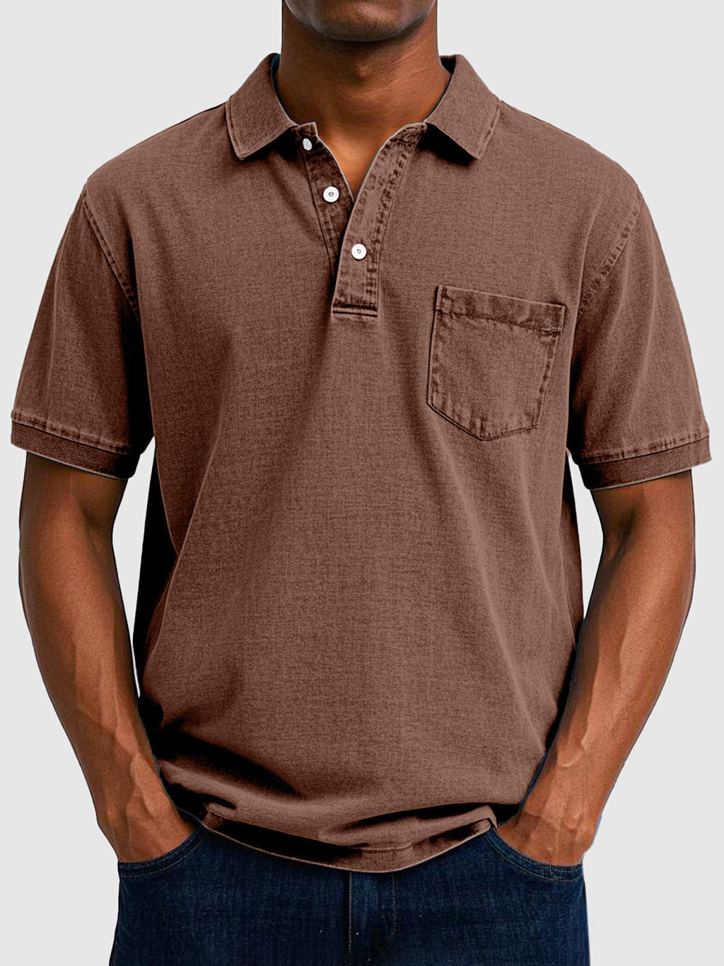 Mens Polo Shirt Cotton Denim Short Sleeve Chest Pocket