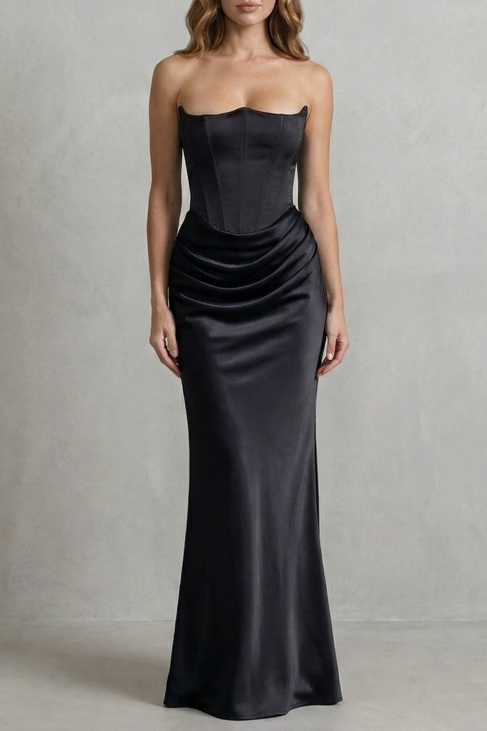 Satin Floor Length Strapless Corset Maxi Dress