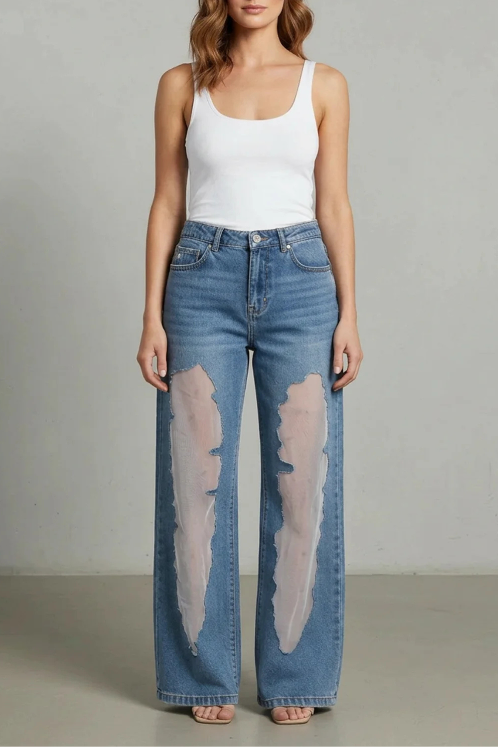 Mesh High Waist Wide-Leg Jeans