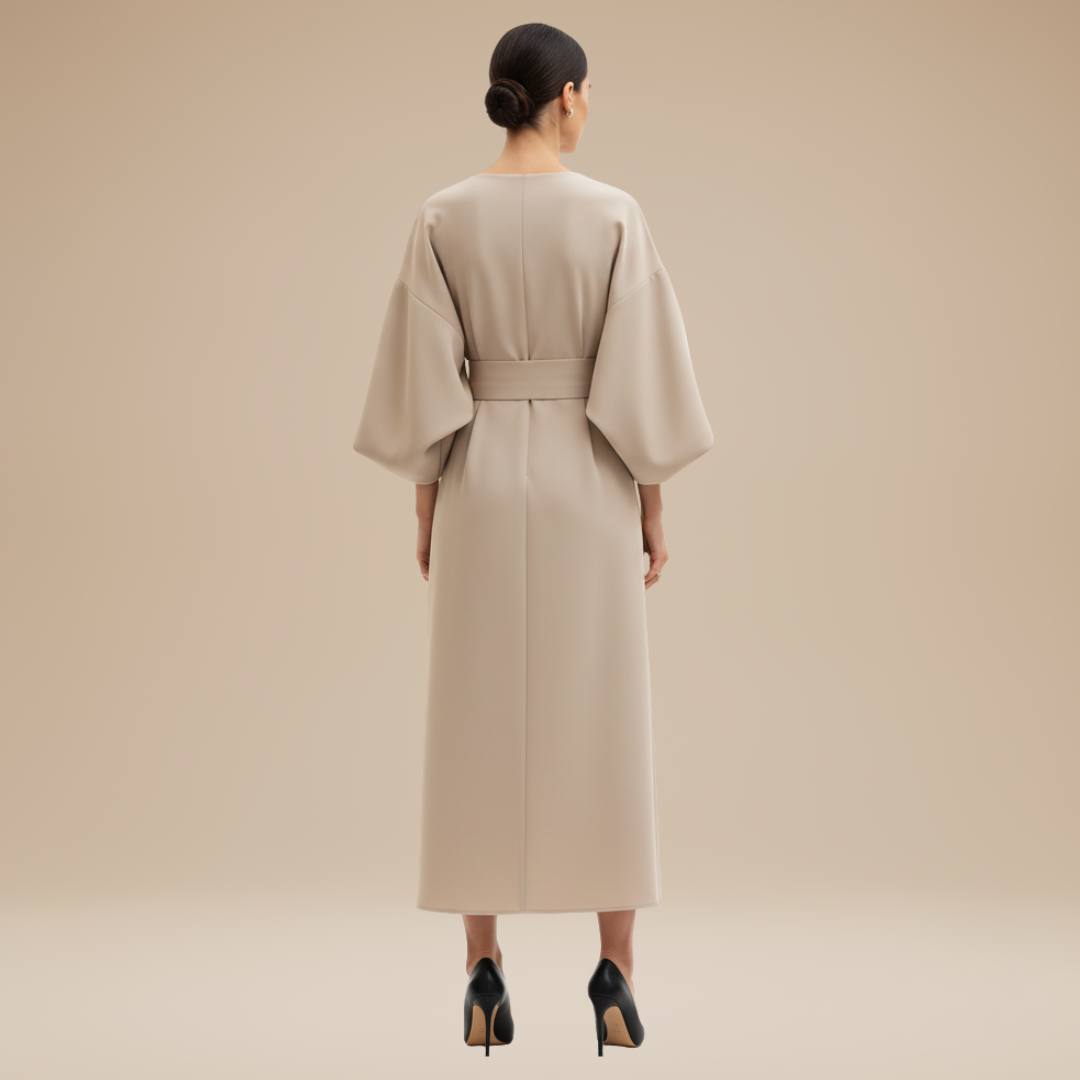 Belted Wide Sleeve Wrap Midi Dress Elegant