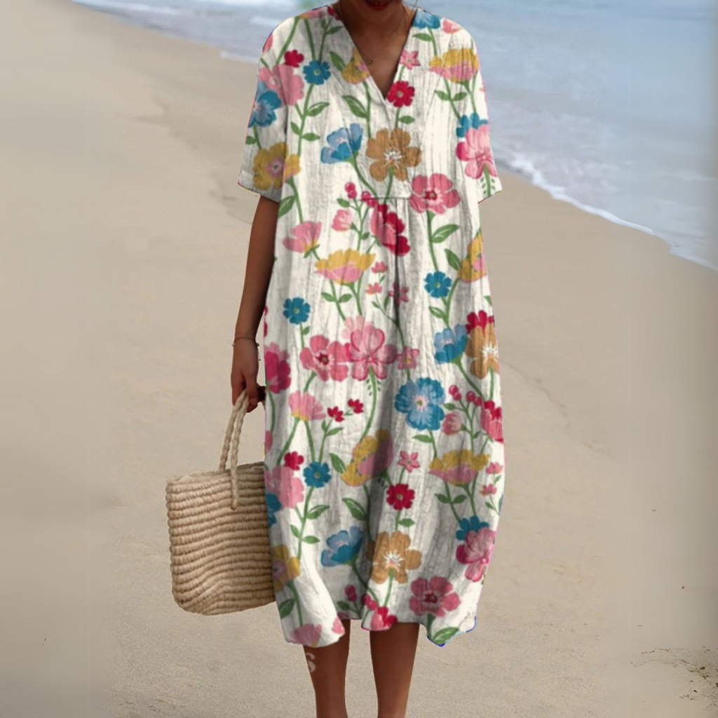 Floral Midi Dress Short Sleeve V-Neck Relaxed Fit