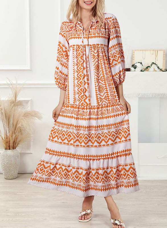 Boho Floral Puff Sleeve Maxi Dress Ruffled Hem