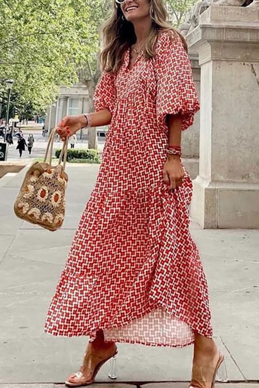 Boho Floral Puff Sleeve Maxi Dress Ruffled Hem
