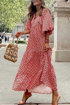 Boho Floral Puff Sleeve Maxi Dress Ruffled Hem