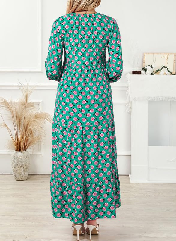 Boho Floral Puff Sleeve Maxi Dress Ruffled Hem