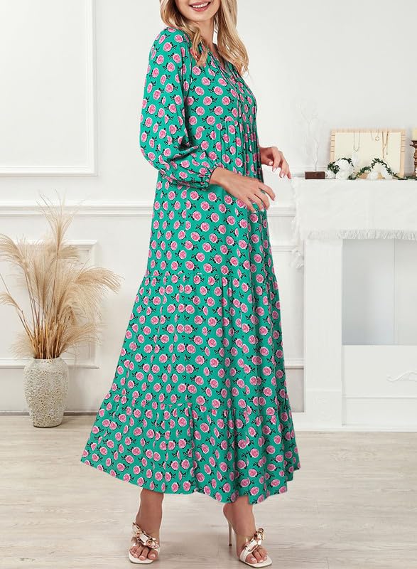 Boho Floral Puff Sleeve Maxi Dress Ruffled Hem