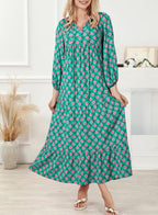 Boho Floral Puff Sleeve Maxi Dress Ruffled Hem