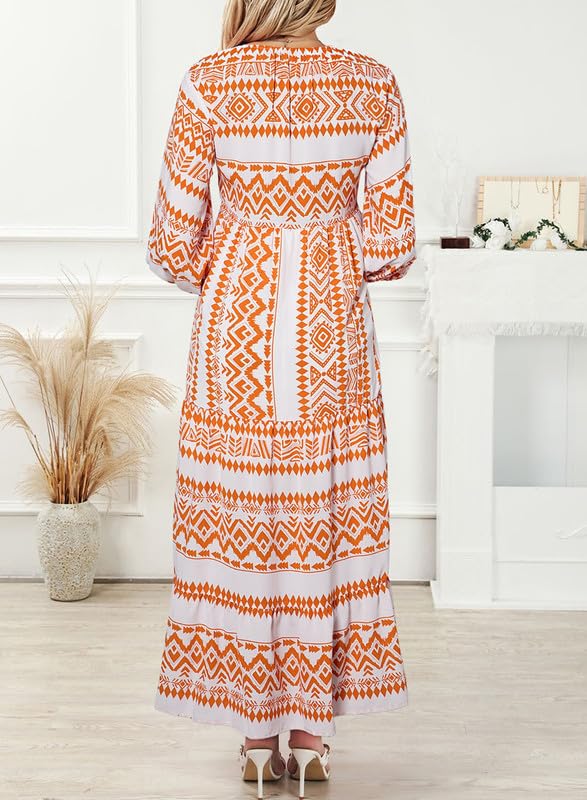 Boho Floral Puff Sleeve Maxi Dress Ruffled Hem