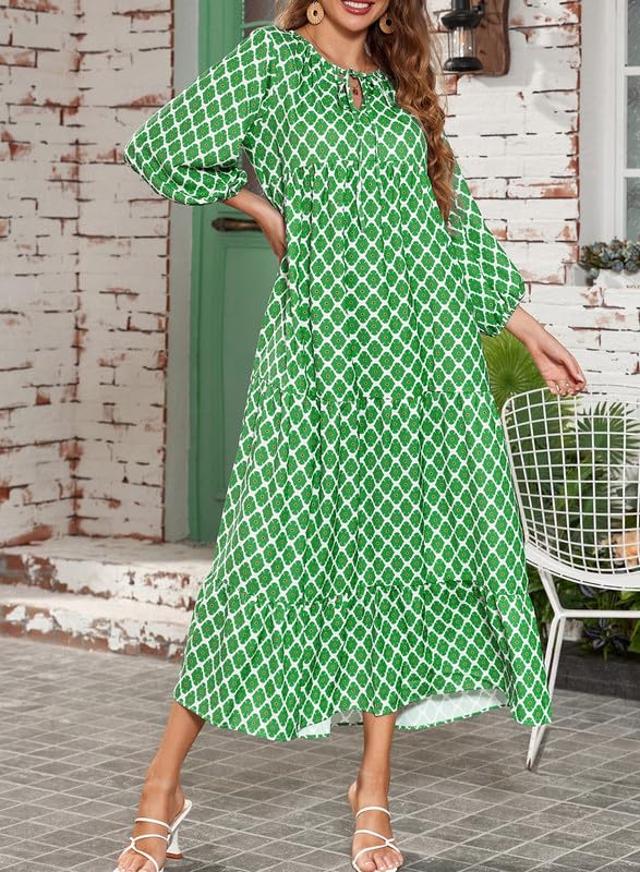 Boho Floral Puff Sleeve Maxi Dress Ruffled Hem
