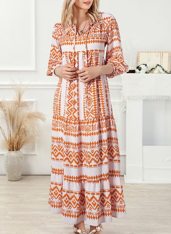 Boho Floral Puff Sleeve Maxi Dress Ruffled Hem