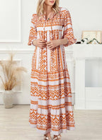 Boho Floral Puff Sleeve Maxi Dress Ruffled Hem
