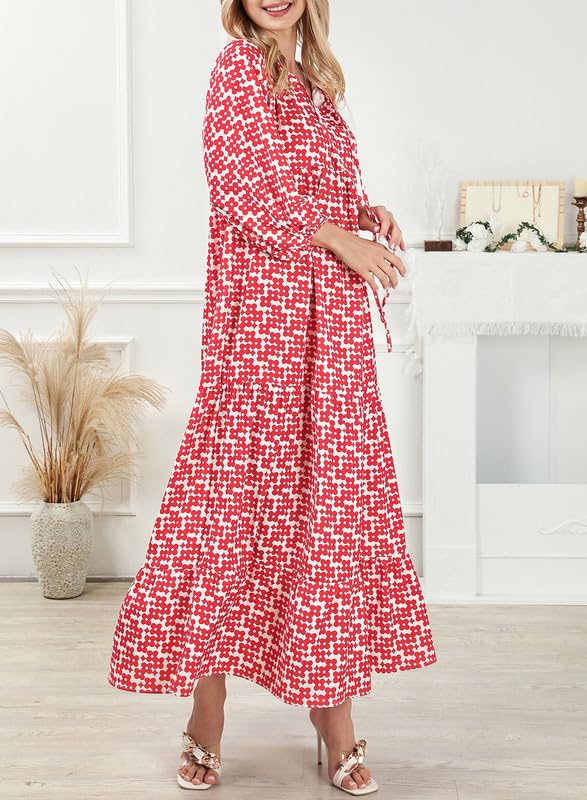 Boho Floral Puff Sleeve Maxi Dress Ruffled Hem