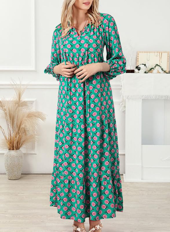 Boho Floral Puff Sleeve Maxi Dress Ruffled Hem