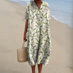 Floral Midi Dress Short Sleeve V-Neck Relaxed Fit