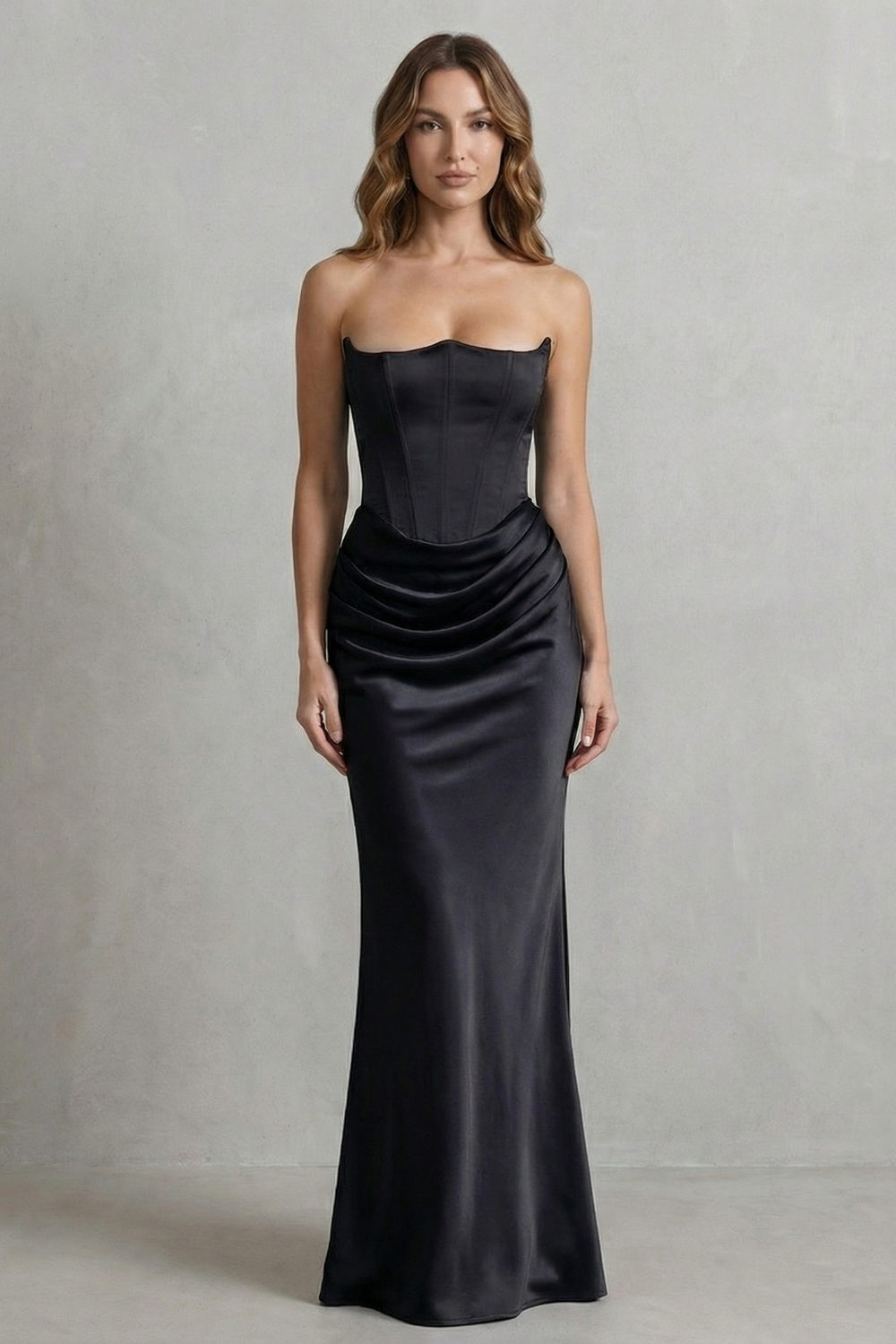 Satin Floor Length Strapless Corset Maxi Dress