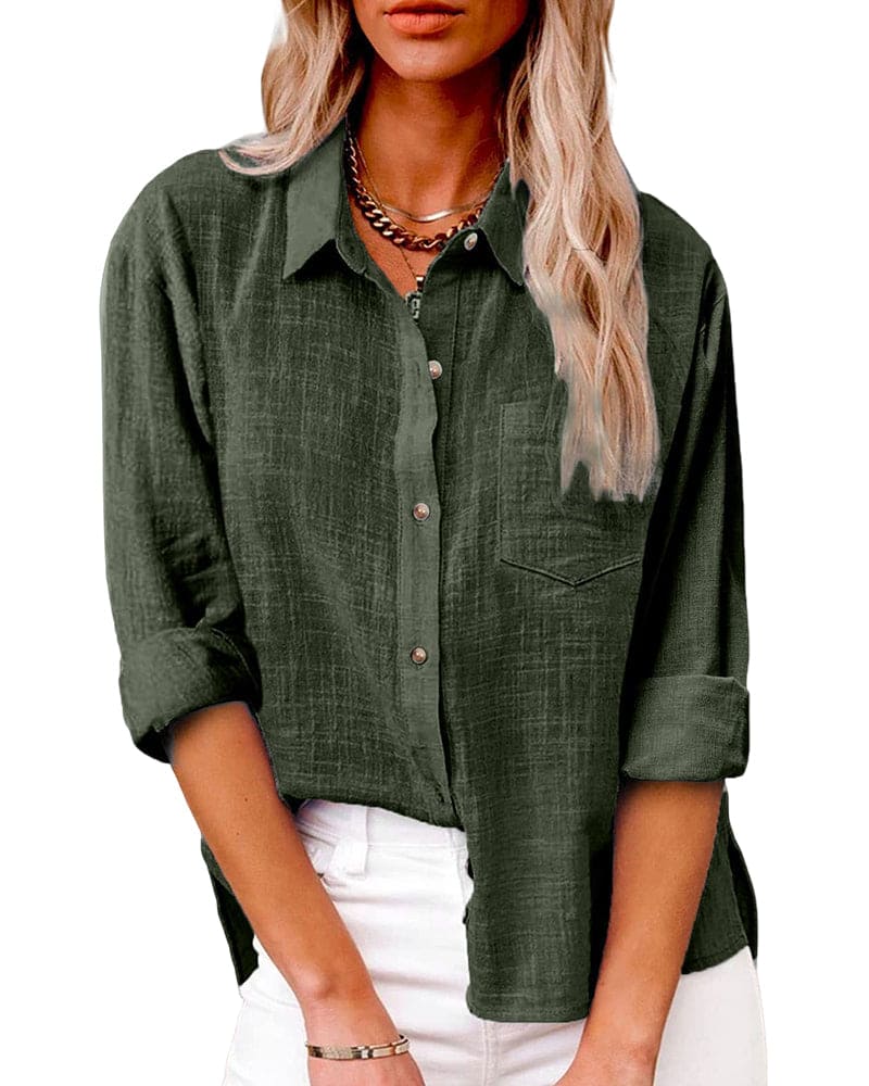 Cotton Linen Blouse Button-Up Breathable Casual