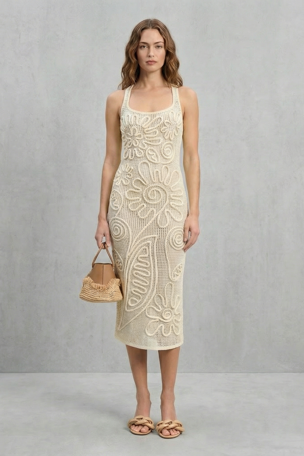 Floral Square Neck Textured Midi Dress