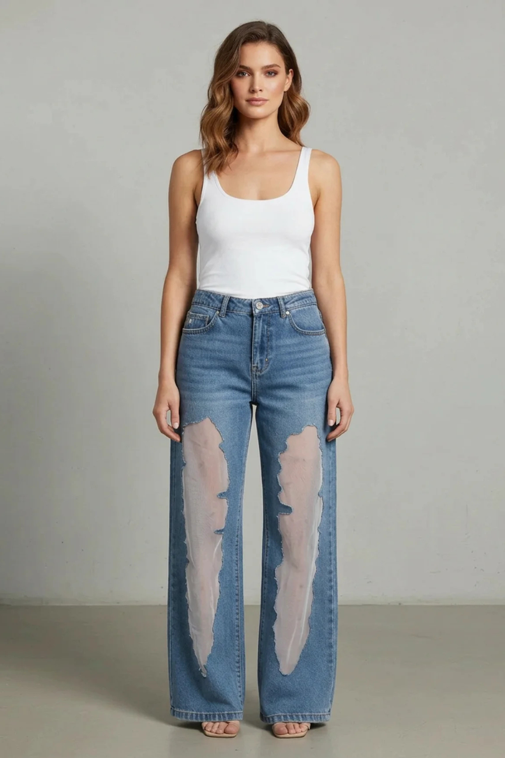 Mesh High Waist Wide-Leg Jeans