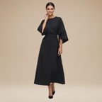 Belted Wide Sleeve Wrap Midi Dress Elegant