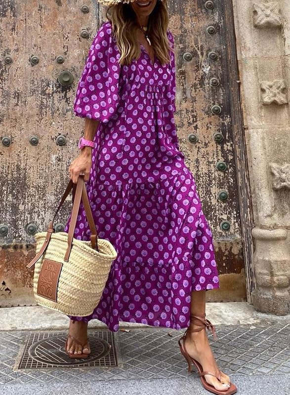Boho Floral Puff Sleeve Maxi Dress Ruffled Hem