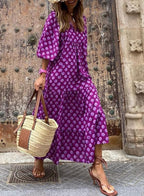 Boho Floral Puff Sleeve Maxi Dress Ruffled Hem