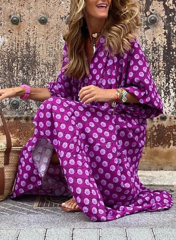 Boho Floral Puff Sleeve Maxi Dress Ruffled Hem