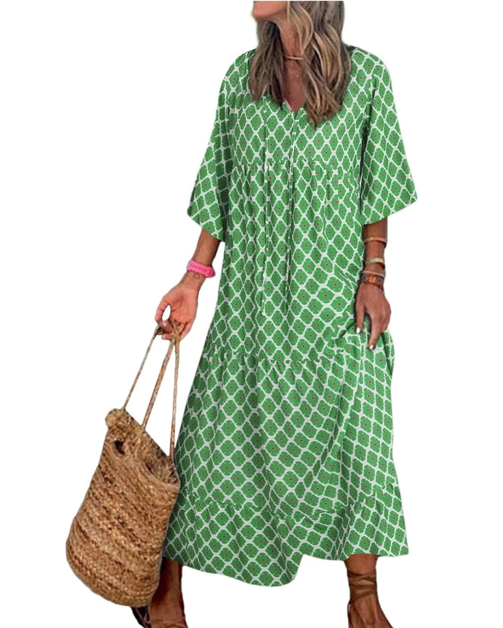 Boho Floral Puff Sleeve Maxi Dress Ruffled Hem