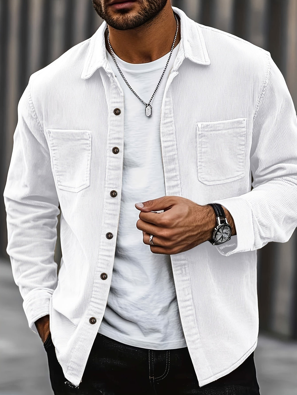 Men's Shirt Jacket Buttons Pockets Textured Transitional