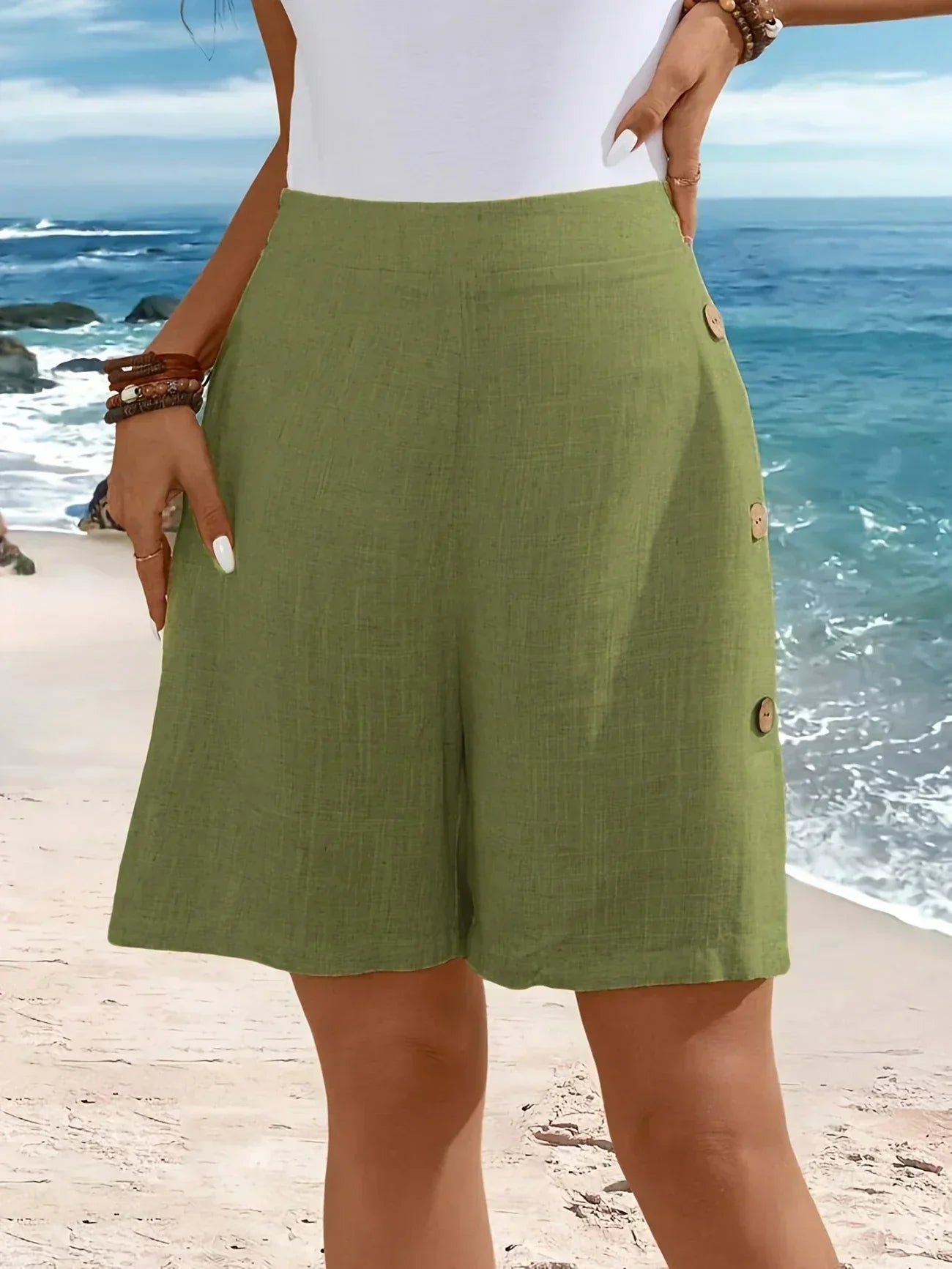 Relaxed Fit Shorts Button Side Elasticated Waist