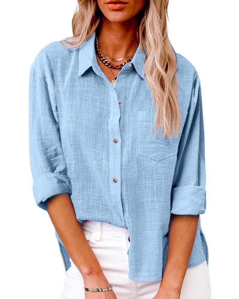 Cotton Linen Blouse Button-Up Breathable Casual