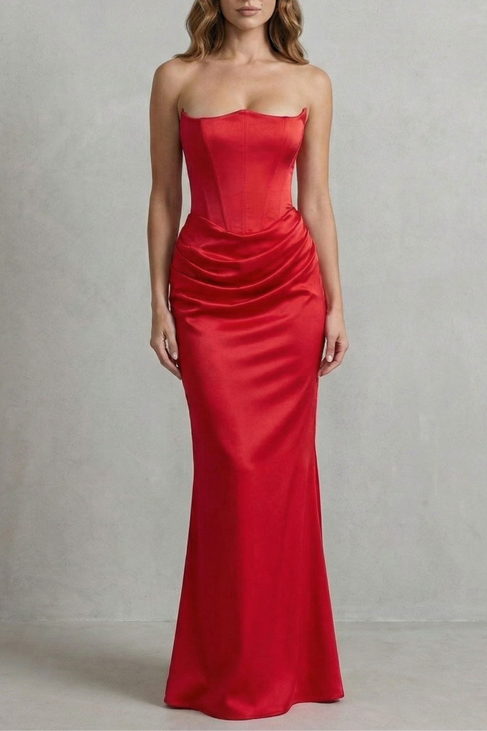 Satin Floor Length Strapless Corset Maxi Dress