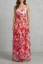 Floral V Neck Ruffled Chiffon Maxi Dress