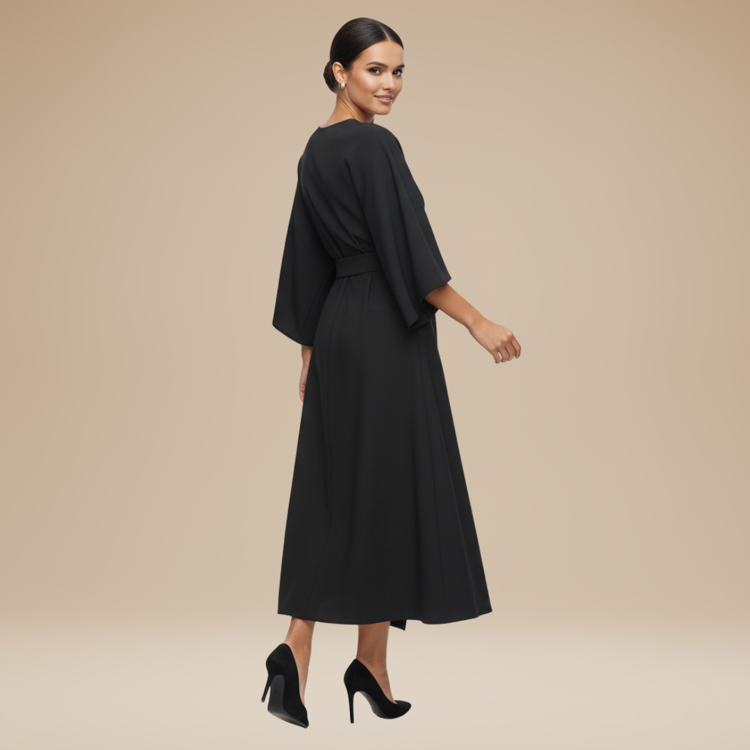 Belted Wide Sleeve Wrap Midi Dress Elegant