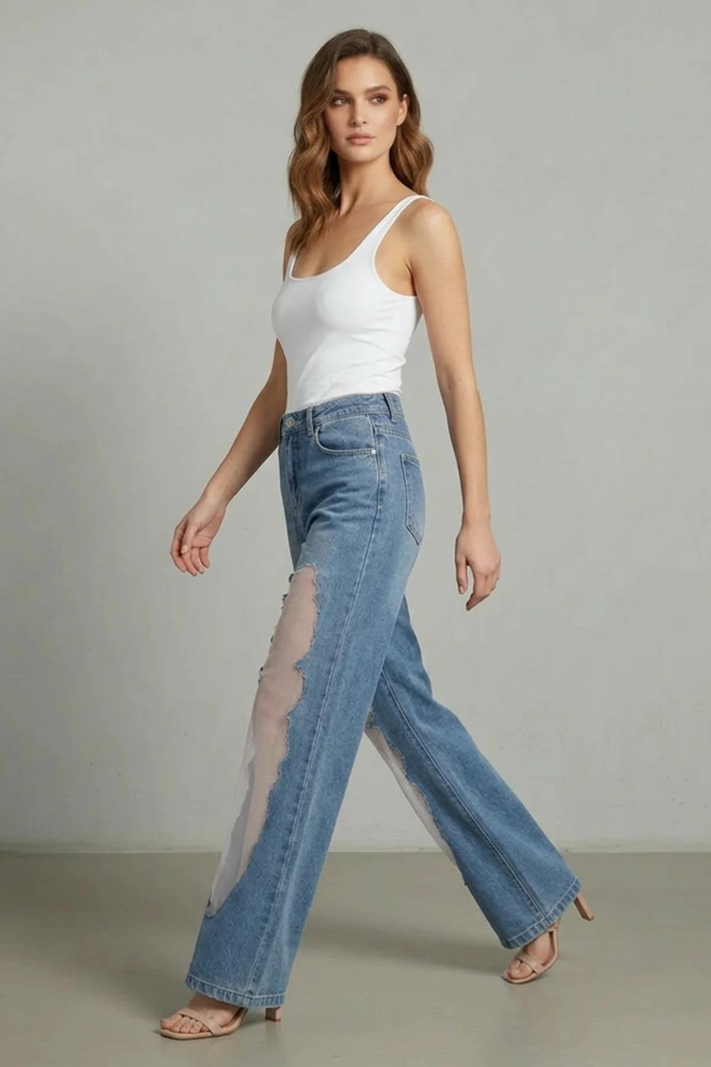 Mesh High Waist Wide-Leg Jeans