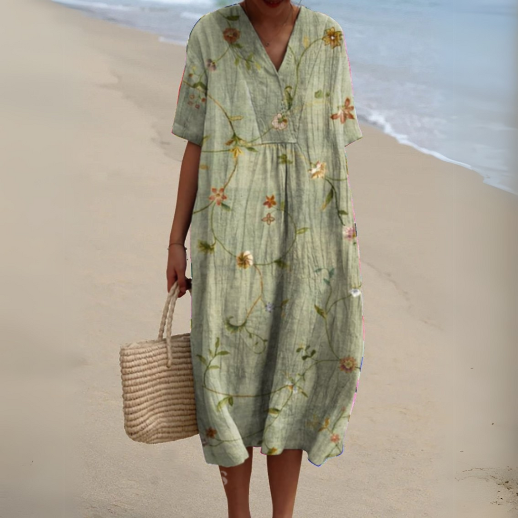 Floral Midi Dress Short Sleeve V-Neck Relaxed Fit