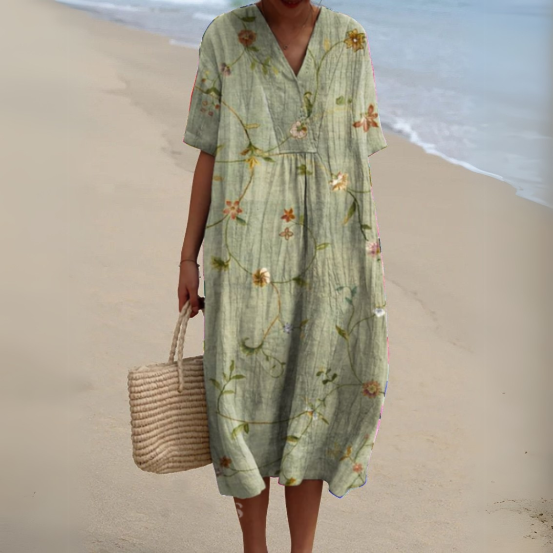 Floral Midi Dress Short Sleeve V-Neck Relaxed Fit