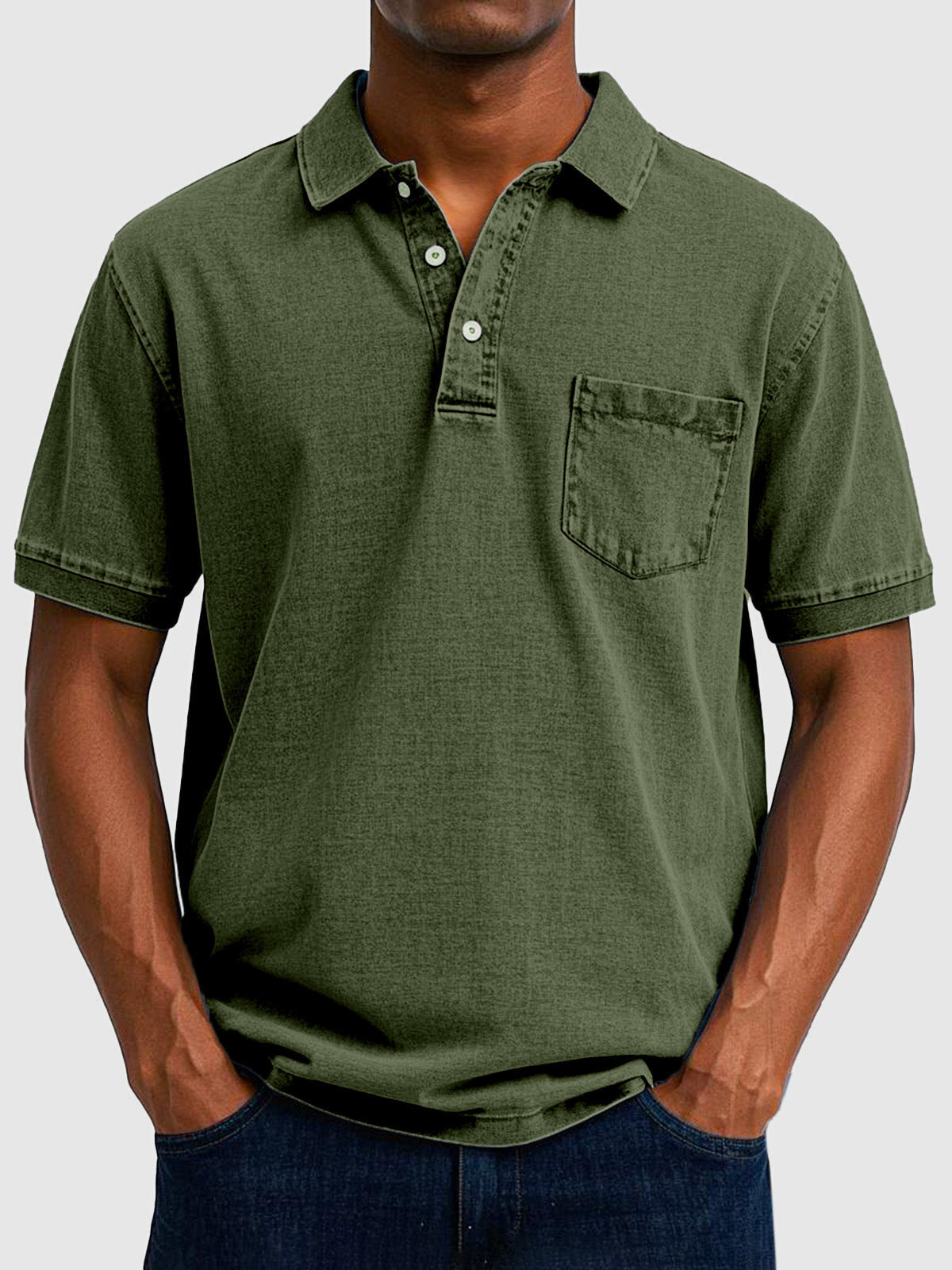 Mens Polo Shirt Cotton Denim Short Sleeve Chest Pocket