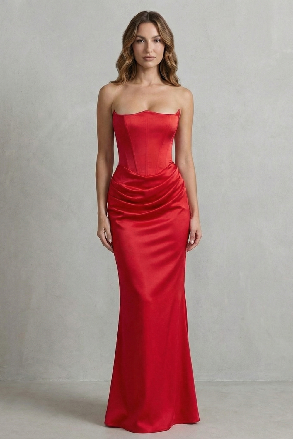 Satin Floor Length Strapless Corset Maxi Dress