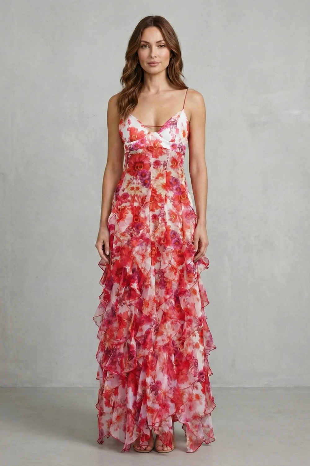 Floral V Neck Ruffled Chiffon Maxi Dress