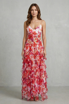 Floral V Neck Ruffled Chiffon Maxi Dress