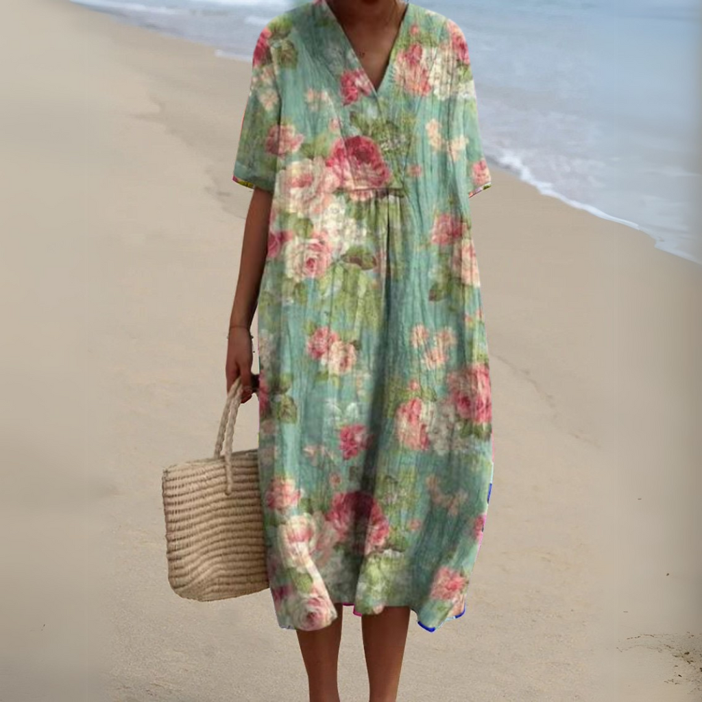 Floral Midi Dress Short Sleeve V-Neck Relaxed Fit