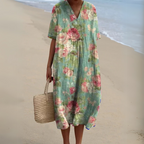 Floral Midi Dress Short Sleeve V-Neck Relaxed Fit