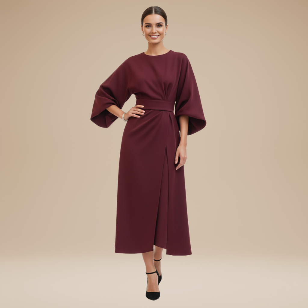 Belted Wide Sleeve Wrap Midi Dress Elegant