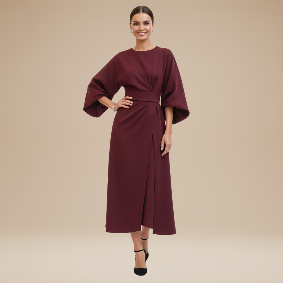 Belted Wide Sleeve Wrap Midi Dress Elegant