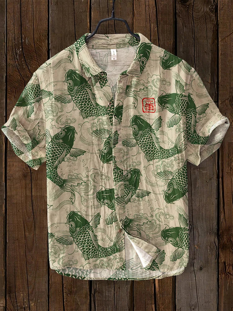 Japanese Art Print Linen Shirt Casual Statement