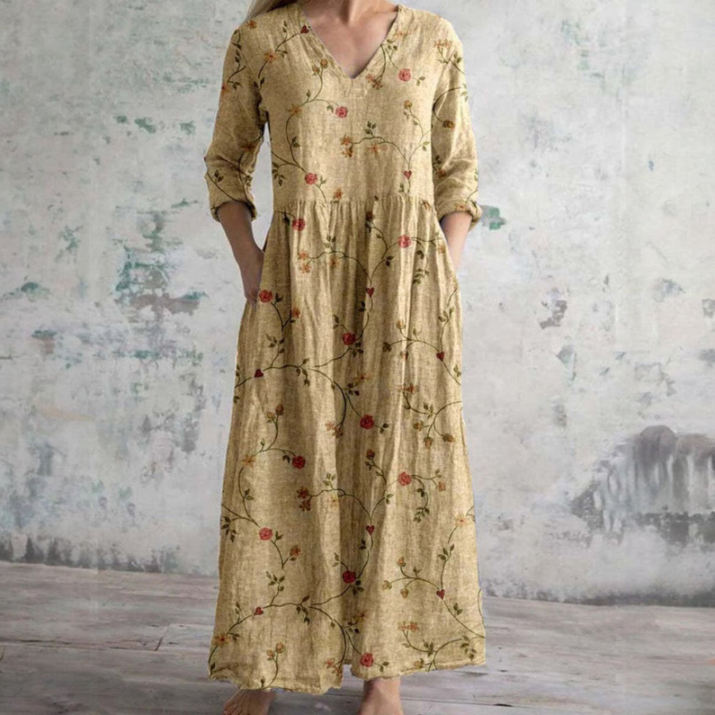 Floral Maxi Dress Long Sleeve V-Neck Gathered Waist