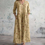 Floral Maxi Dress Long Sleeve V-Neck Gathered Waist