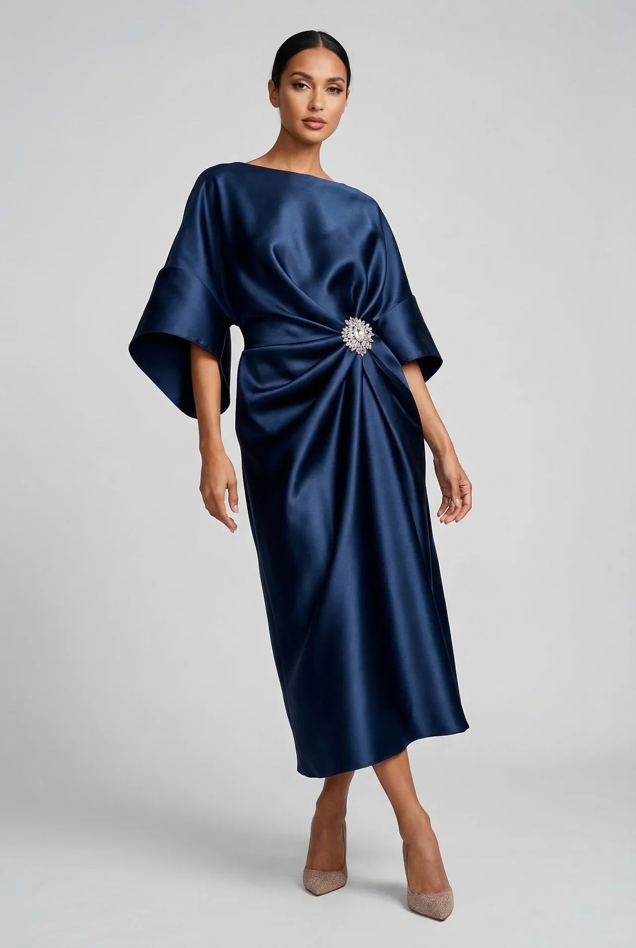 Wedding Guest Midi Dress Batwing Satin Jewel