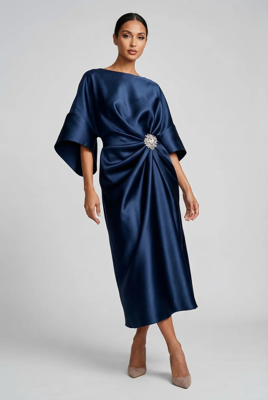 Wedding Guest Midi Dress Batwing Satin Jewel