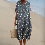 Floral Midi Dress Short Sleeve V-Neck Relaxed Fit